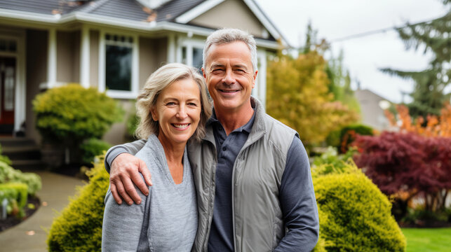 Portrait of a happy mature white couple in their home outdoors.