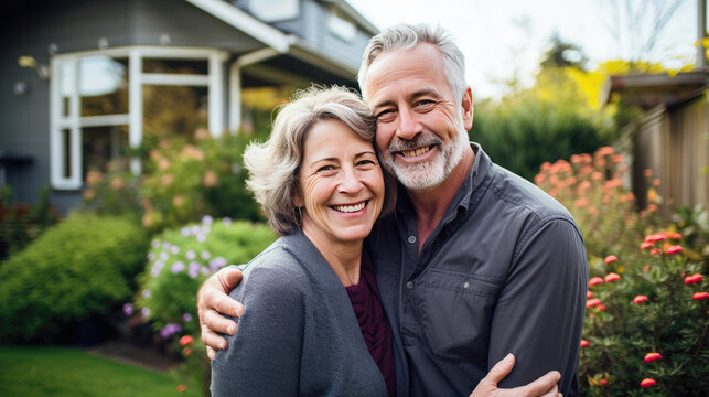 Portrait of a happy mature white couple in their home outdoors.