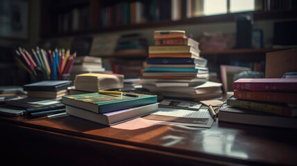 School books on desk, education concept. - obrazy, fototapety, plakaty
