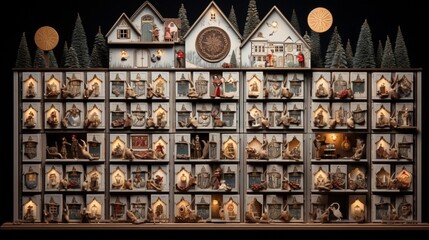 A traditional Advent calendar with tiny doors, counting down the days until Christmas with small surprises inside - obrazy, fototapety, plakaty