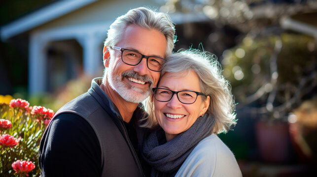 Portrait of a happy mature white couple in their home outdoors.