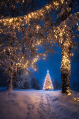 Christmas tree in a winter forest, decorated with garlands and lights, snow covered road, beautiful nature at sunset