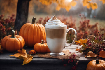 still life of a cup of hot latte and pumpkins on an old wooden table against the background of beautiful autumn nature at sunset, decoration for Halloween