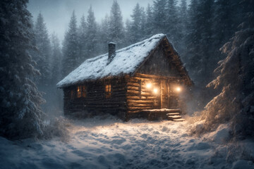 an old hut against the background of hard nature in winter, blizzard, dramatic sky and snowy forest, beautiful landscape
