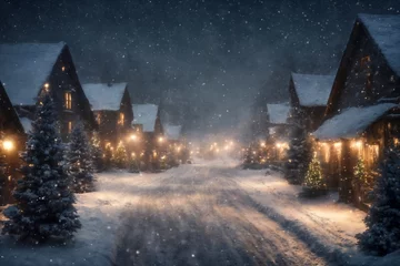 Tuinposter city street, houses are decorated with lights and Christmas trees in winter, New Year holiday, everything is covered with snow, cloudy sky at night, blizzard © soleg
