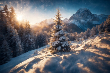 Fototapeta premium Christmas tree in a winter forest, snow covered mountains, beautiful nature at sunset