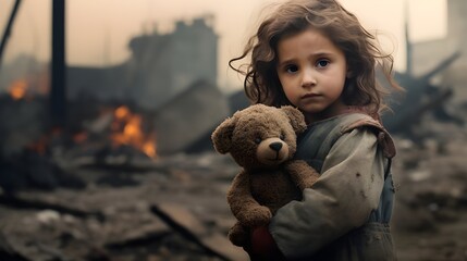 Brave child with a teddy bear in a shattered world. Generative  AI 