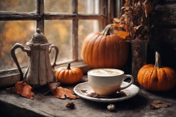 decoration for halloween holiday, still life, a cup of hot latte and pumpkins on a windowsill, beautiful autumn landscape outside the window, rural, festive background