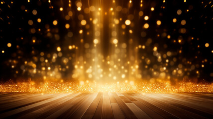Golden bokeh scene background with golden glittering lights on wooden floor