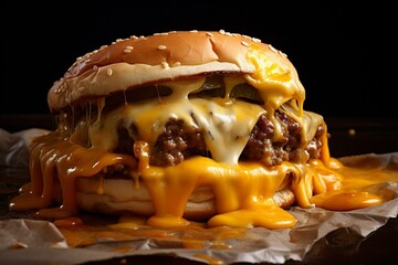juicy burger with melted cheesy sauce. Generative AI - obrazy, fototapety, plakaty