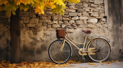 A vintage bicycle leaning against a rustic stone wall, a symbol of simpler times.