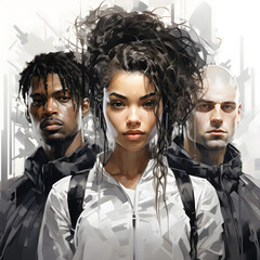 A woman in the middle, a bald white man on the right and a black man on the left; Symbolizing diversity; Racial equality; Modern cyberpunk style; 4k(1:1)