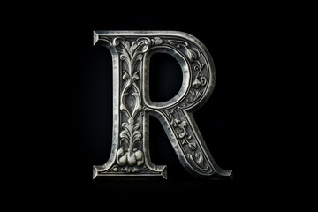 Old silver font design, alphabet letter R with metal texture and decorative floral pattern isolated on black background