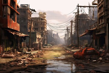 Desolate street with dilapidated buildings in a post-apocalyptic city. Fantasy artwork of a destroyed town. Transparent background. Generative AI