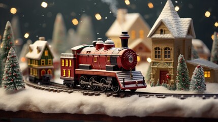 A vintage toy train circling a Christmas tree, with miniature houses and a snowy landscape