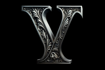 Old silver font design, alphabet letter Y with metal texture and decorative floral pattern isolated on black background