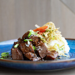 Sous Vide Braised Beef with Rice and Slaw on a Dark Blue Plate