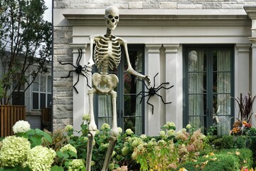 Tall skeleton in front garden of house as Halloween decoration