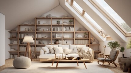 Fototapeta na wymiar A well-composed image of a Scandinavian attic living room, radiating a sense of calm with its clean lines and earthy palette.