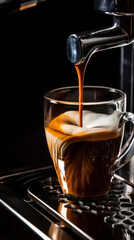 Coffee machine filling a cup with expresso. Transparent mug in automated coffeemaker machine. Beverage drink for breakfast