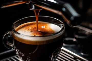 Fototapeta premium Close-up of espresso pouring from coffee machine. Professional coffee brewing