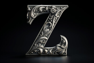 Old silver font design, alphabet letter Z with metal texture and decorative floral pattern isolated on black background - obrazy, fototapety, plakaty