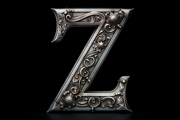 Old silver font design, alphabet letter Z with metal texture and decorative floral pattern isolated on black background