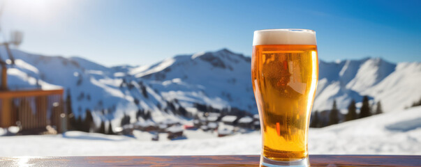 A glass of fresh foamy light beer on the table against the background of snow-covered mountains - obrazy, fototapety, plakaty