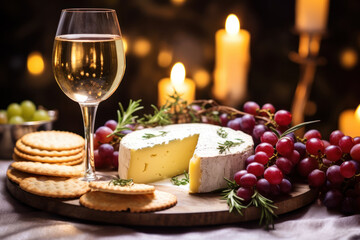 Fototapeta premium White wine, aged cheese, crackers, grapes and candles