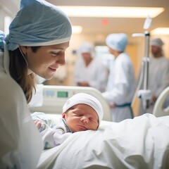 Obraz premium Close - Up of a Newborn Baby's First Moments with you mother