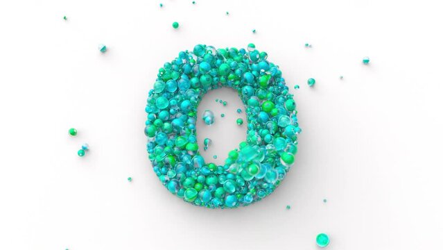 Semi-Transparent Glossy and Shiny Multi-Colored Balls Dynamically Fill Shape of Digit 0. 4K 3D animation on White Background for Learning Count and Numbers.