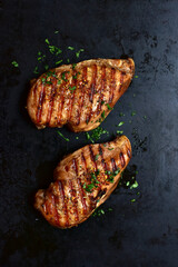 Grilled checken breast. Top view with copy space.