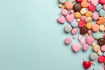 Assortment of heart-shaped confections on a bright backdrop, perfect for a charming food-themed banner with space for text. Generative AI