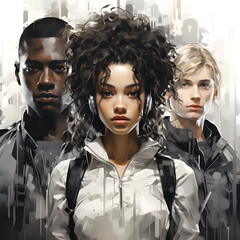Three young people of different races; A mulatto woman with headphones in the middle, a black man on the left and a blonde white man on the right; Anti-racism; Diversity; 4K(1:1)