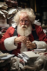 santa claus Overwhelmed at the Office Working with a Heap of Papers
