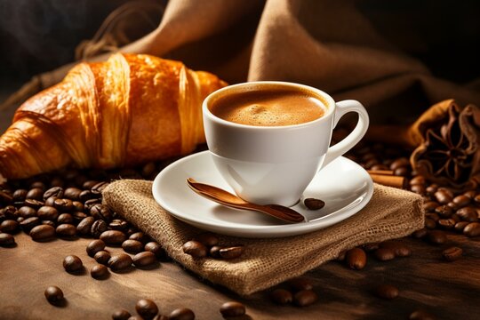 Coffee banner with mug and croissant against a background. Generative AI