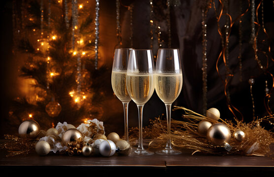glasses champagne, Champagne festive cheers, gold sparkling bokeh, sparkling wine,golden christmas particles, bright gold bokeh, champagne confetti, Night celebration concept, celebration concept