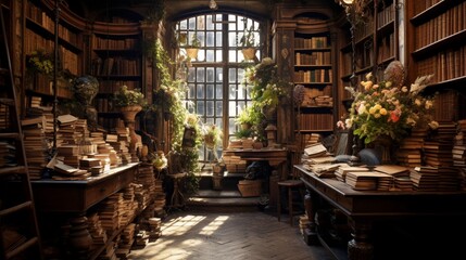 An antique bookshop, shelves filled with dusty tomes and the scent of history in the air. - obrazy, fototapety, plakaty