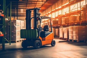 Forklift loader in warehouse. Distribution warehouse. Industrial background. Package tracking. Warehouse space. Logistics ways.
