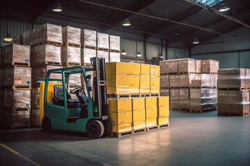 Forklift loader in warehouse. Distribution warehouse. Industrial background. Package tracking. Warehouse space. Logistics ways.
