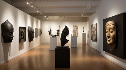 An art gallery featuring a contemporary exhibition of sculptures and installations.