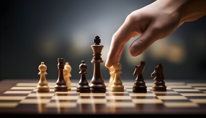 Close up of a man's hand about to move a chess piece in a chess game