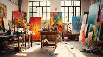 An art studio with colorful canvases, creative chaos, and inspirational quotes.