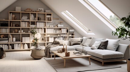 An attic living room with a slanted ceiling transformed into a modern Scandinavian oasis, featuring a combination of neutral tones and vibrant accents.