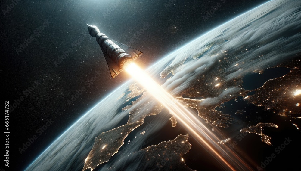 Wall mural rocket launch from the earth planet through the clouds with a bright glow of the engine on the orbit