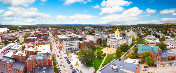 Aerial panorama of Concord and the New Hampshire State House along Main street. The capitol houses the New Hampshire General Court, Governor, and Executive Council. - 665175328