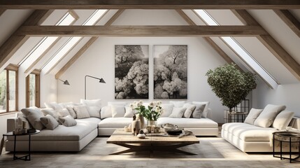 An image of a chic Scandinavian attic living room with high, beamed ceilings, adorned with tasteful artwork and textiles. - obrazy, fototapety, plakaty