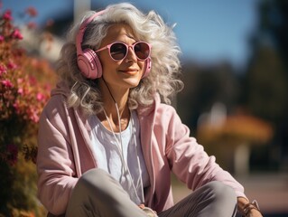young middle-aged woman enjoys a sunny day, listening to music on pink headphones in the park.