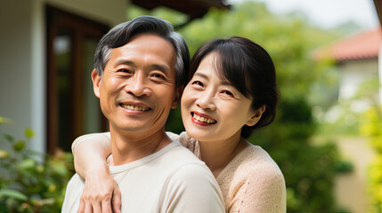 Fototapeta premium Portrait of a happy mature asian couple in their home outdoors.