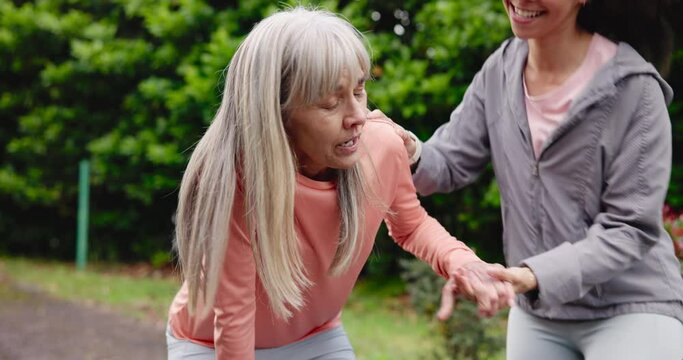 Nature, breathing and senior woman running in the garden of her retirement home for exercise. Fitness, health and elderly female person doing cardio workout with personal trainer at outdoor park.
